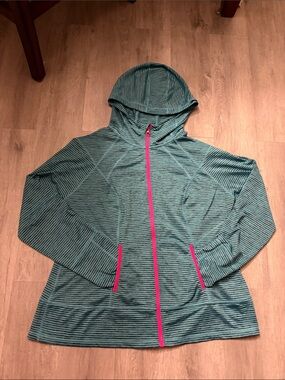 Striped Teal Hooded Zip Jacket with Pink Trim
